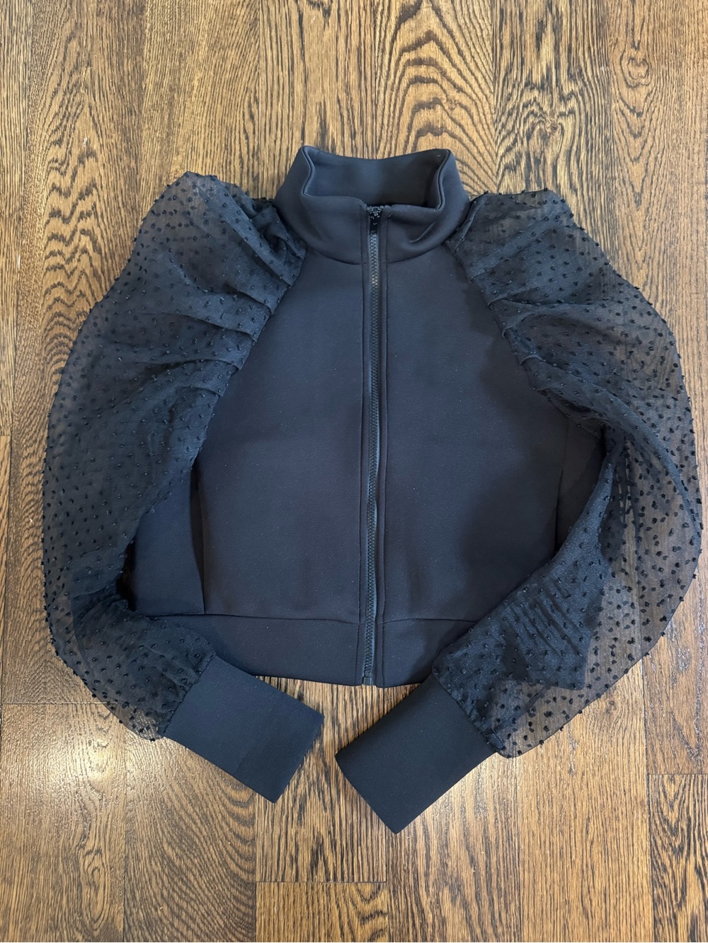Zara Black Puff-Sleeve Sheer Dot Zip Jacket